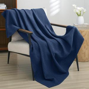 PHF Pre-Washed Cotton Waffle Weave Throw Blanket for Spring Summer,Snag Proof Lightweight Breathable for Couch,Oeko-TEX Certified for Bed,Machine Washable,Home Decor Gift-Bright Navy Blue