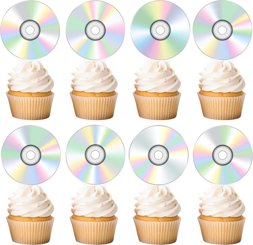 48Pcs CD Cupcake Toppers 90s Birthday Party Decorations Iridescent CD Disco Cutout Theme Retro 90s Party Dessert Cupcake Decorations for Music Party 1990s 2000s Birthday Party Baby Shower Supplies