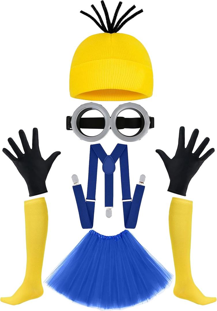 Halloween Costume Cosplay for Women Adult Yellow or Purple Beanie, Tutu Dress, Goggles, Black Gloves & Suspenders