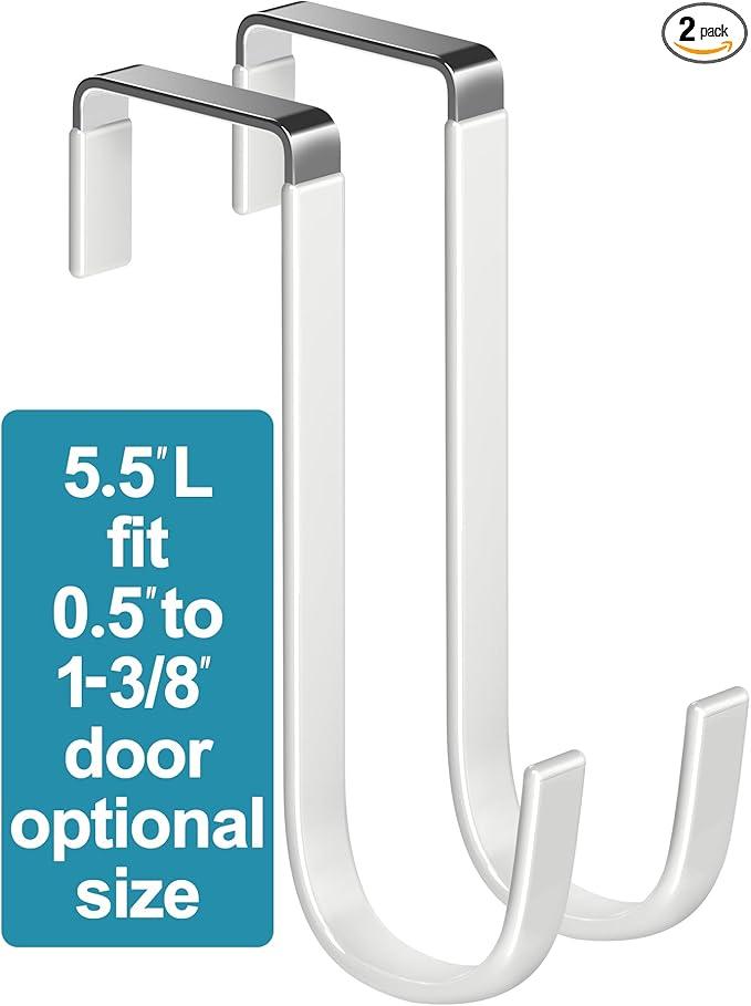 Over The Door Metal Hooks with Plastic Coating 5.5" Fit 0.5" to 1 3/8" Door 2 Pcs Heavy Duty Single Towel Robe Rack Wreath Bathroom Shower Hanger Shoe Organizer Ironing Board Short White 