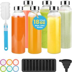 PROBTTL 18 oz Glass Juice Bottles with Lids Refillable Clear Glass Water Bottles with Stainless Steel Airtight Caps, Dishwasher Safe, Reusable Drinking Juice Containers (6-Pack, No Sleeves)