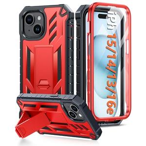 FNTCASE for iPhone 15 Case: for iPhone 14 Case & iPhone 13 Case [Built-in Screen Protector & Kickstand] [Military Grade Drop Protection] Heavy Duty Full Protective Shockproof TPU Phone Cover - Red