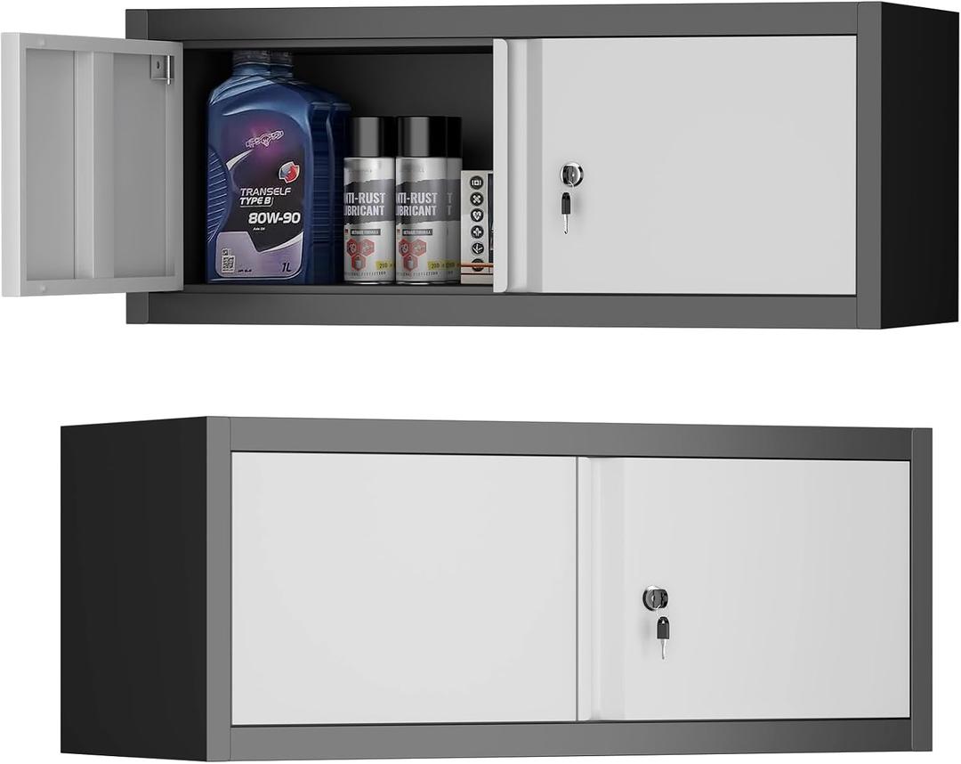 Metal Garage Storage Cabinet, Locking Cabinet Wall Mounted, 13" H Floating Cabinet for Warehouse, Upper Tool Cabinet for Home Office, Basement, Kitchen, RV Organization, 13"H-Upper Cabinet / Black+Grey