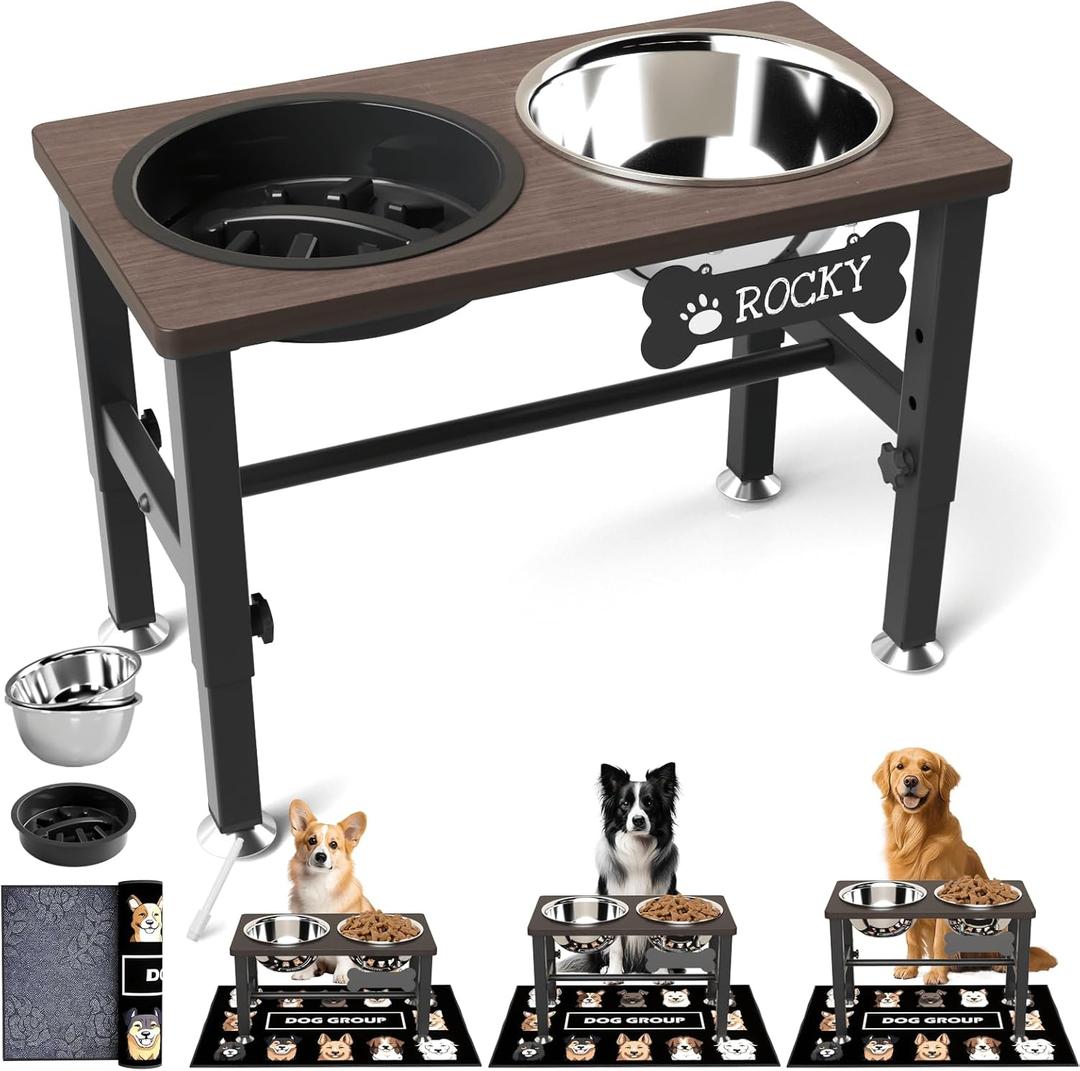 SHAINFUN Elevated Dog Bowls with Slow Feeder & Mat for Medium Large Dogs, Adjustable Height, Raised Dog Bowl Stand with 2 Stainless Steel 58oz Bowls, Tall Dogs Food Water Bowl Wooden & Metal Holder (Brown-1.7L)