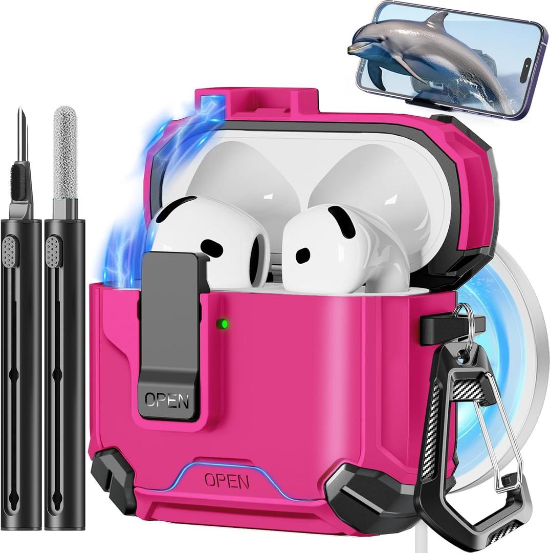 Pohgelan Compatible with AirPods 4 Case,Magnetic Automatic Lock with Phone Stand & Cleaning Kit,Compatible with Magsafe Cover -Rose red