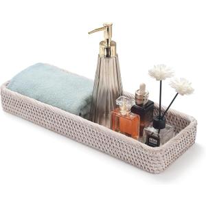 Rattan Bathroom Vanity Trays Toilet Tank Baskets Long Narrow Hand Towel Storage Basket for Storage, Decorative (Whitewash 16.3 x 6.1 x 2 inch)