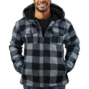 Thick Winter Jackets for Men Plaid Flannel Hoodie Sherpa Fleece Lined Hooded Coat Heavy Warm Full Zip Up Sweatshirt (4X-Large, Grey)
