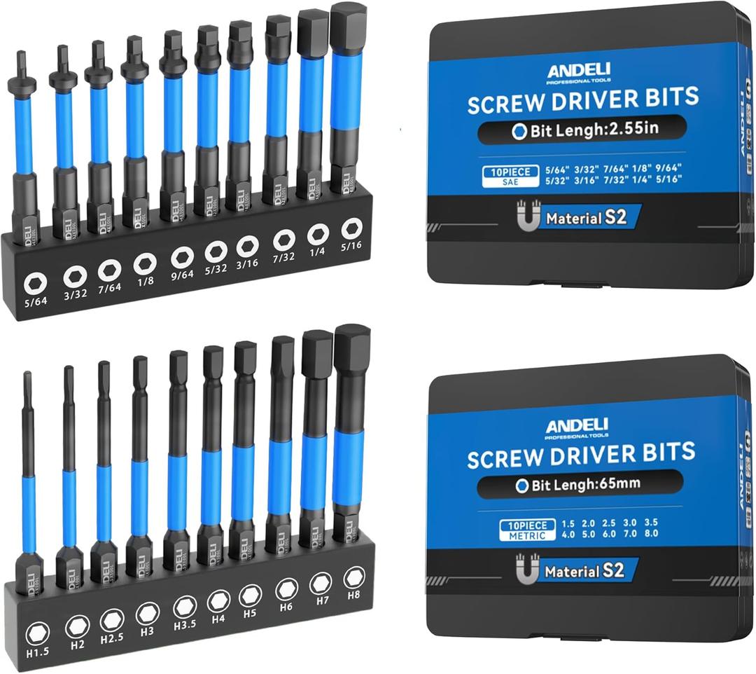 ANDELI Magnetic Hex Screwdriver Bit Set, 1/4 Hex-Shank2.55" Long 20pcs (Metric & Piec) Impact Allen Wrench Drillwith Storage Box, S2 Material, Metric & SAE