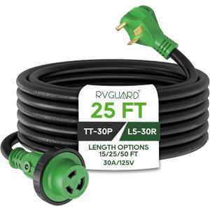 RVGUARD 30 Amp 25 Foot RV Power Extension Cord, Heavy Duty STW Cord with LED Power Indicator and Cord Organizer, 30 Amp Male Standard to 30 Amp Female Locking Connector, Green, ETL Listed