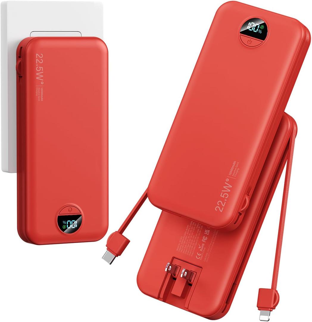 12000mAh Ultra-Portable-Charger-Power-Bank with Built in Cables&AC Wall Plug,PD20W USB-C Fast Charging Cell Phone Charger Battery Pack,LED Display Travel Battery Bank for All iPhone,Samsung,Android (Red)