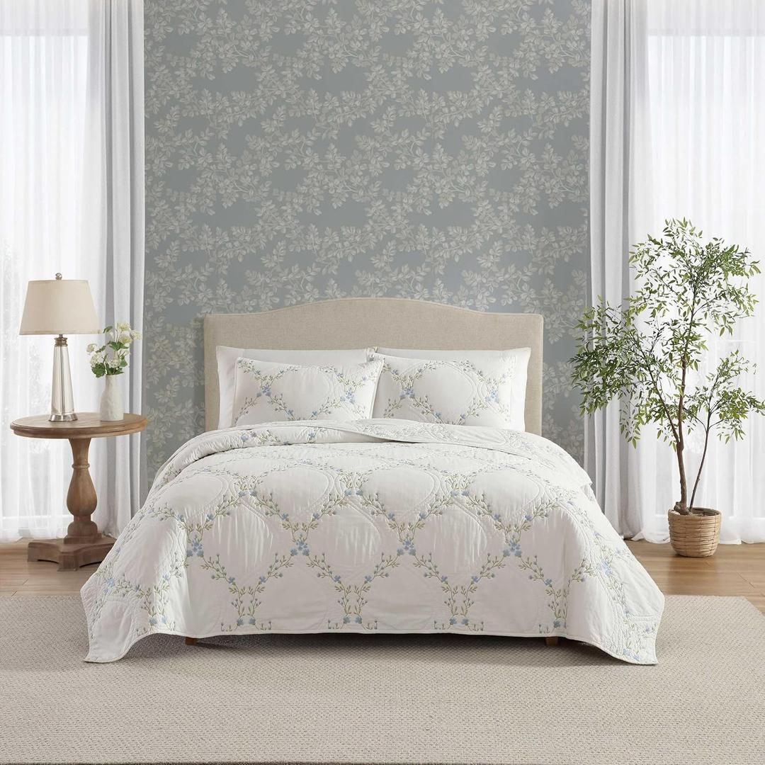 Laura Ashley - King Quilt Set, Super Soft & Breathable Embroidered Bedding with Matching Sham(s), Floral Home Decor (Floral Embroidery Blue, King)
