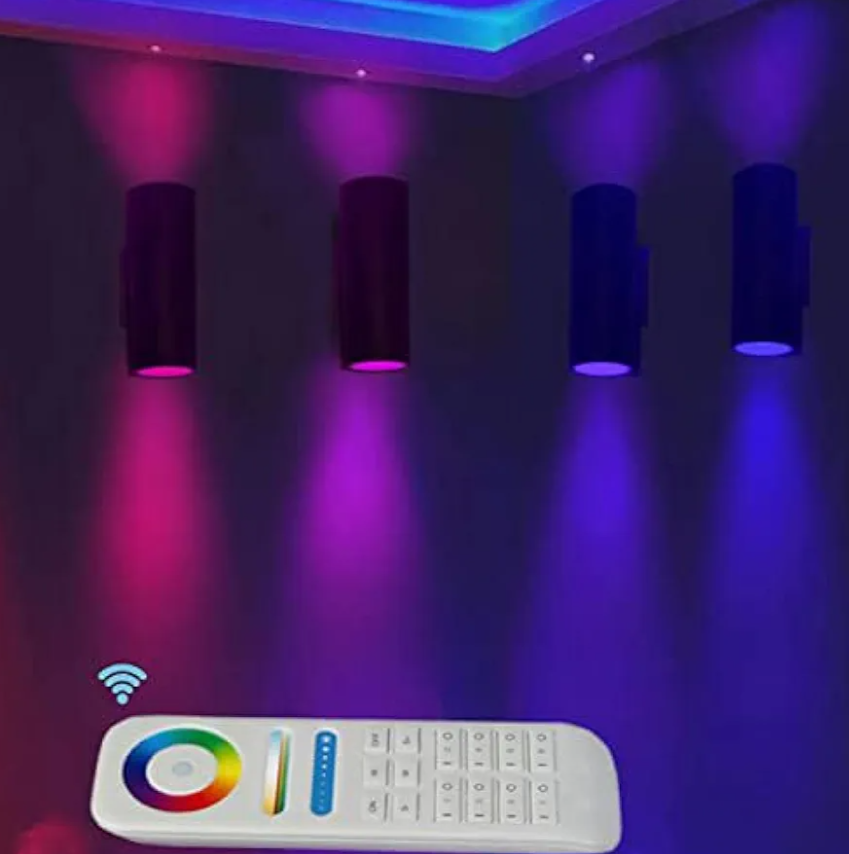 Exterior Double Up Down Outdoor Wall Lights, Mi.Light Remote Control RGB Color Changing 1200lm Warm White 3000k RGB+CCT Cylinder Outdoor Wall Light, Smart LED Exterior Lighting (4 Pack)