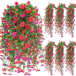 6 Pcs Spring Artificial Hanging Flowers Outdoor Faux Silk Mum Plant Decor Violet with Eucalyptus Realistic UV Resistant Trailing Vine Spring Porch Yard(Lovely Color,Violet)
