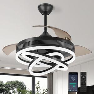 TXCSLY Retractable Ceiling Fan, 42 Inch Chandelier Ceiling Fans with Light, Modern Fandelier Ceiling Fan for Bedroom Living Room Dinning Room, Reverse Motor, 3 Color Temperature, 6 Wind Speed-Black