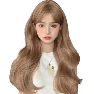 Milk Tea Color Long Hair Wig Long Curly Hair Big Wave Curly Hair French Air Bangs Daily Wig cos Lolita Simulation Wig 60cm 23inch (Milk Tea Color)