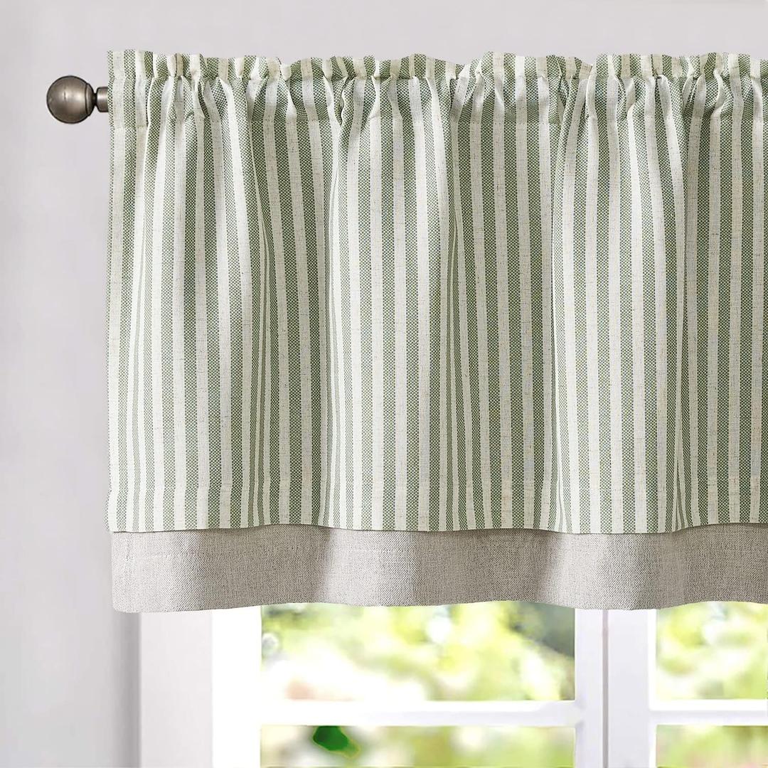 jinchan Linen Valance Curtain Striped Valance for Windows 16 Inch Blackout Kitchen Curtain Farmhouse Double Layer for Living Room Ticking Rod Pocket 1 Panel Sage Green on Beige (50"W x 16"L (Pack of 1), Striped | Sage Green on Beige)