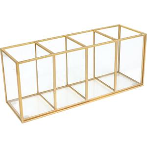 Pencil Holder for Desk,Tempered Glass Pen Holder,3&4 Compartments,Desktop Storage Organizer for Office Supplies,School Supplies,Pens,Markers,Pencils,Scissors,Paperclips (Gold, 4 compartments)