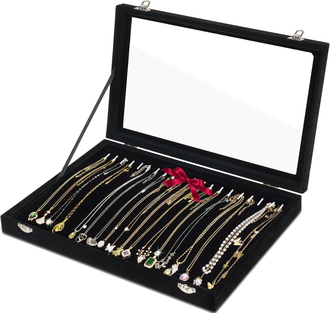 Jenseits Necklace Organizer Box, Tray with Clear Lid, Velvet Dustproof Necklaces Holder Storage Display Case, 20 Hooks Glass Top Jewelry Tray Drawer Insert for Pendant Bracelet (1-Black)