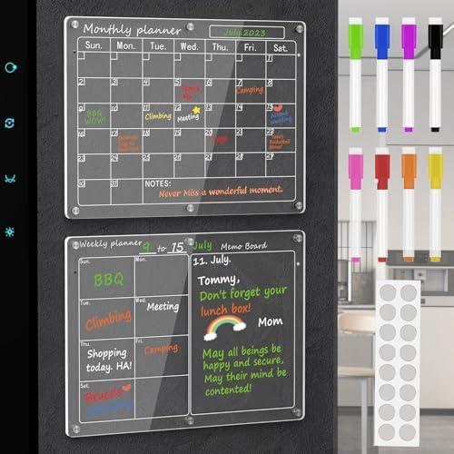 Magnetic Acrylic Calendar for Fridge,2 Pack 11"x15" Clear Fridge Calendar Dry Erase Magnetic Planning Boards Set for Refrigerator with 6 Colorful Highlight Markers