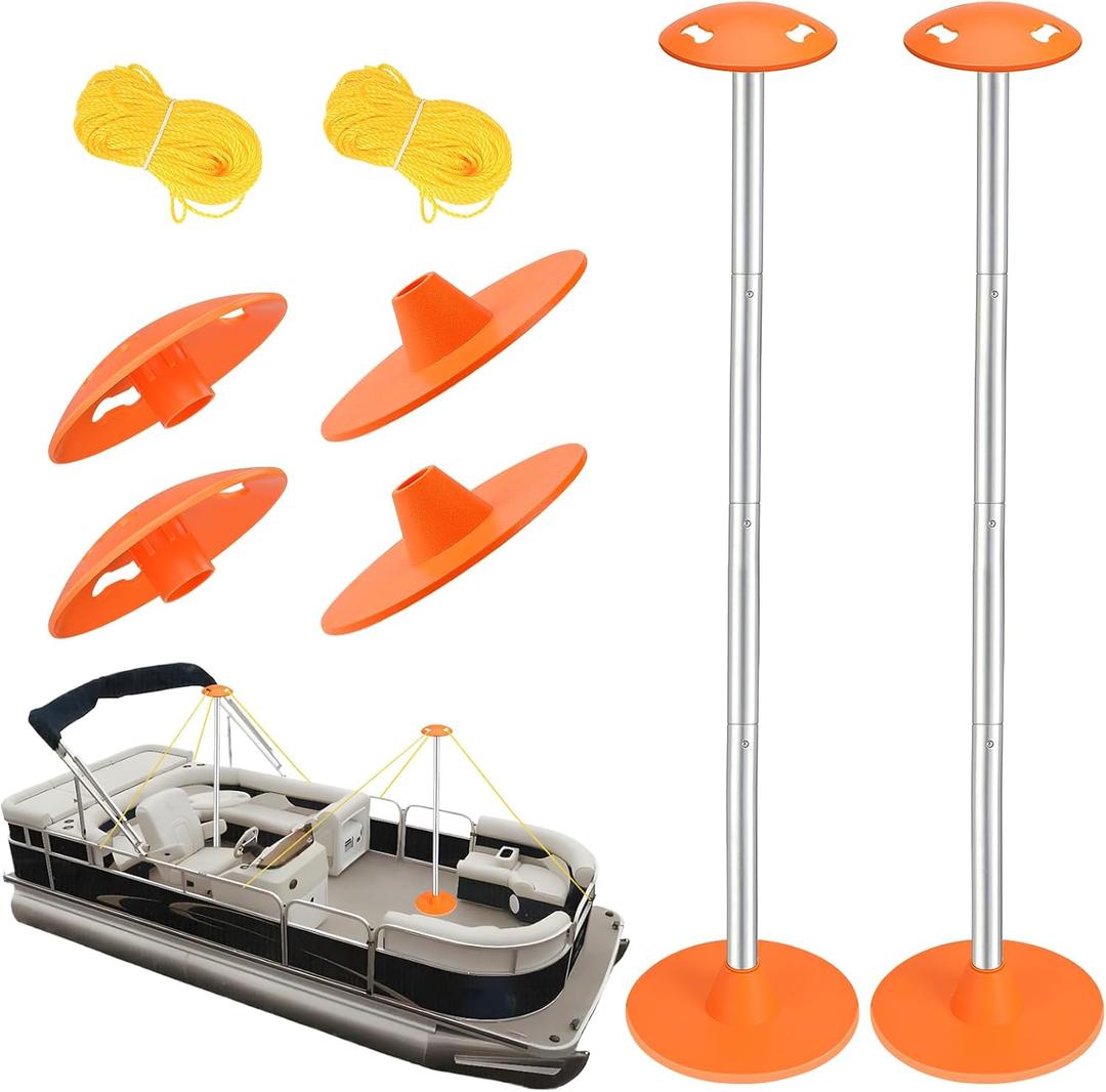 Tuszom Boat Cover Support Pole Systems with Anti-UV PE Ropes & 9" ABS Base, Highly Stable Windproof Support Pole - Adjustbale 1-1/8" in Diameter for V-Hull/Pontoon/Jon Boat Cover (2 Pack)