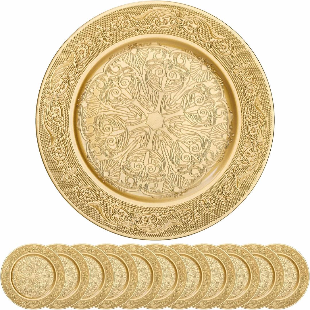 12 Pack Gold Charger Plates, 13 Inch Gold Round Chargers for Dinner Plates, Decorative Dinner Chargers, Antique Plastic Table Charger and Service Plates for Wedding Holiday Party