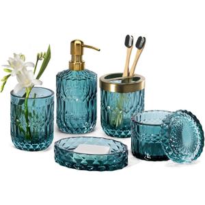 EMPO 6PCS Bathroom Clear Glass Accessories Set (Lotion Soap Dispenser, Soap Dish, Toothbrush Holder, Tumbler, Cotton Swab Jar), Contemporary Modern Decor Crystal Vintage Gift (6pcs Ocean Teal Blue)