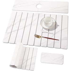 3 PCS Large Stone Dish Drying Mat for Kitchen Counter, Quick Dry Stone Dishes Mats, Sink Faucet Mat, Marble Water Absorbing Diatomaceous Earth Drying Pad for Countertop Tableware, Bottles (24*16inch+24*5.5inch+8*4inch, White Grey Marble)