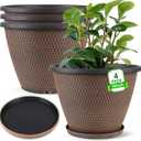 16 inch Plant Pots, Large Planters for Outdoor Plants Set of 4, Round Plastic Flower Pots with Drainage Holes & Trays, Modern Decorative Indoor Garden Pot, Plant Container for House (Black Copper)