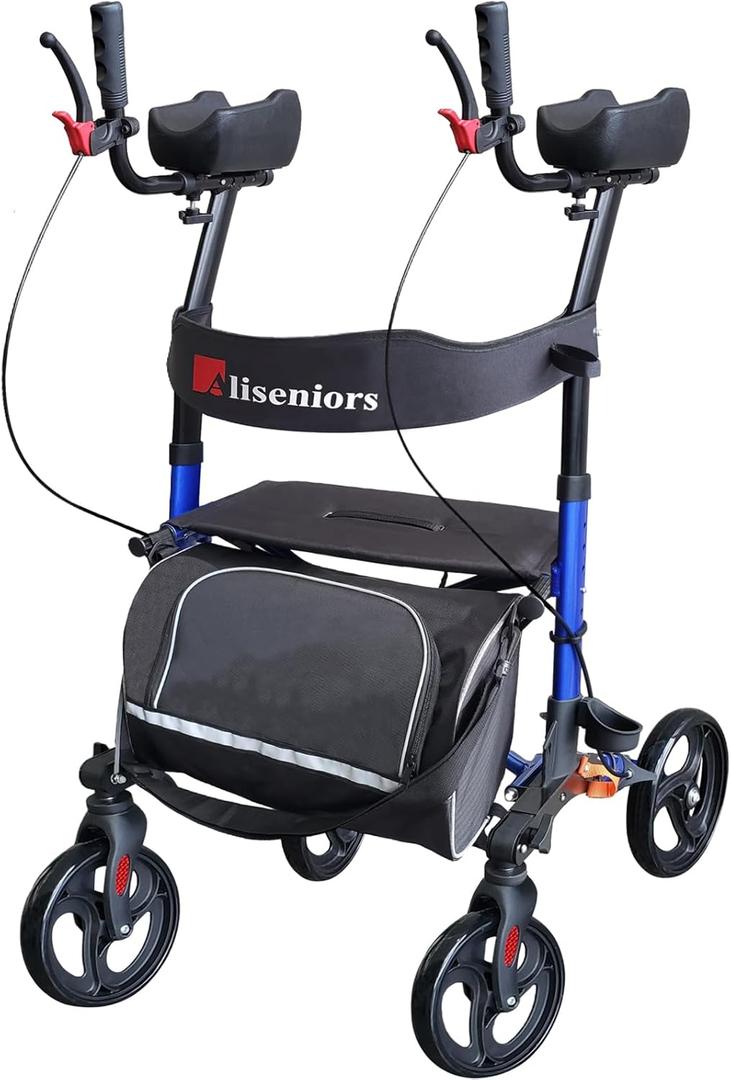 Aliseniors Upright Walker with Seat for Seniors, Extra-Wide Foldable Stand Up Walker with Padded Armrests, 8" All-Terrain Wheels, Medical Rolling Walkers for Adults, Supports 300lbs, Blue