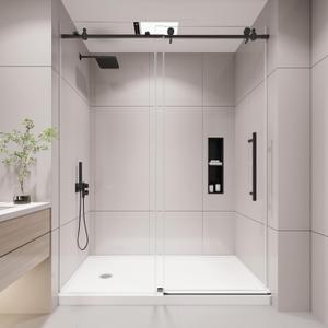 KPUY Frameless Shower Door, 55-60" W x 76" H Sliding Glass Shower Door, 1/4" (6mm) Thick Tempered Clear Glass with Explosion-Proof Film Nano Coating, Stainless Steel Hardware, Matte Black