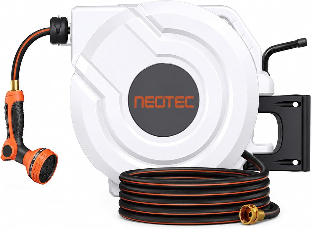 NEO-TEC 115ft 5/8" Retractable Garden Hose Reel with Auto Rewind Any Length Lock Heavy Duty Hose Reel,9-Pattern Nozzle,180Swivel,UV Resistant Wall Mount Hose Reel for Outdoor Garden Car Patio