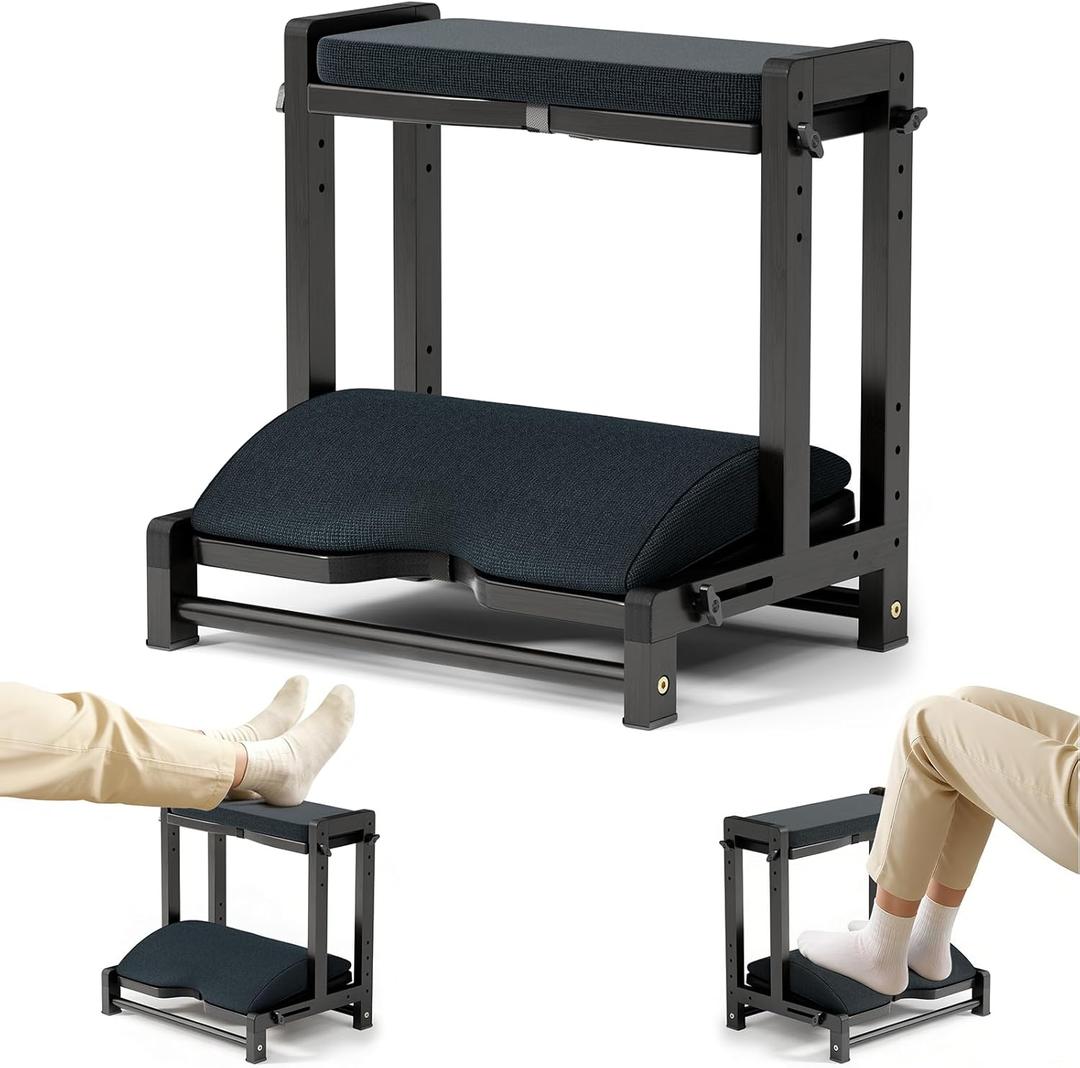 Double Step Foot Rest for Under Desk at Work,Adjustable Wooden Foot Stool with 4 Heights, Ergonomic Desk Foot Rest with Cushion for Office, Gaming & Study (Black)