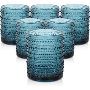 ZMOWIPDL Vintage Glassware Drinking Glasses Set of 6,12 Oz Hobnail Glass Cups, Embossed Blue Water Tumbler, For Beer, Cocktail, Whiskey, Juice and Various Mixed Drinks- 1 Cleaning Brush