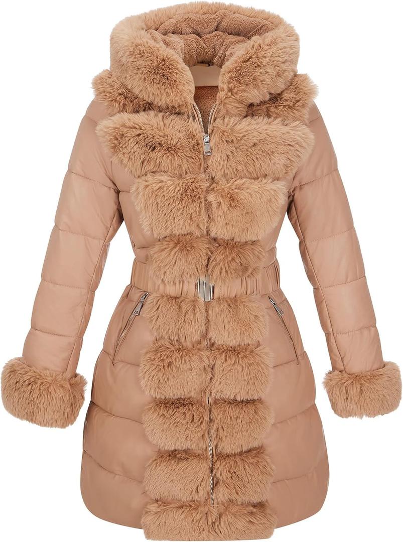 RISISSIDA Women Winter Fur Lined Coat,Puffer Jacket with Long Fur Trim Hooded, Warm Leather Bubble Overcoat Cold-resistant (Medium, Apricot)