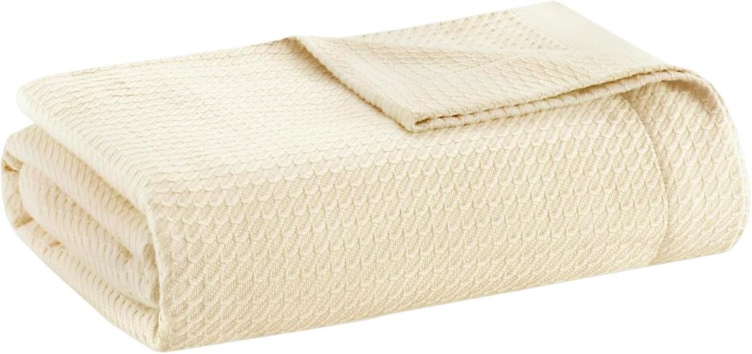 Madison Park Soft Certified 100% Egyptian Cotton Breathable Cozy Blanket, Premium Waffle Knit Classic Design, Luxury All Season Lightweight Cover for Bed, Couch and Sofa, Cream Full/Queen(90"x90")