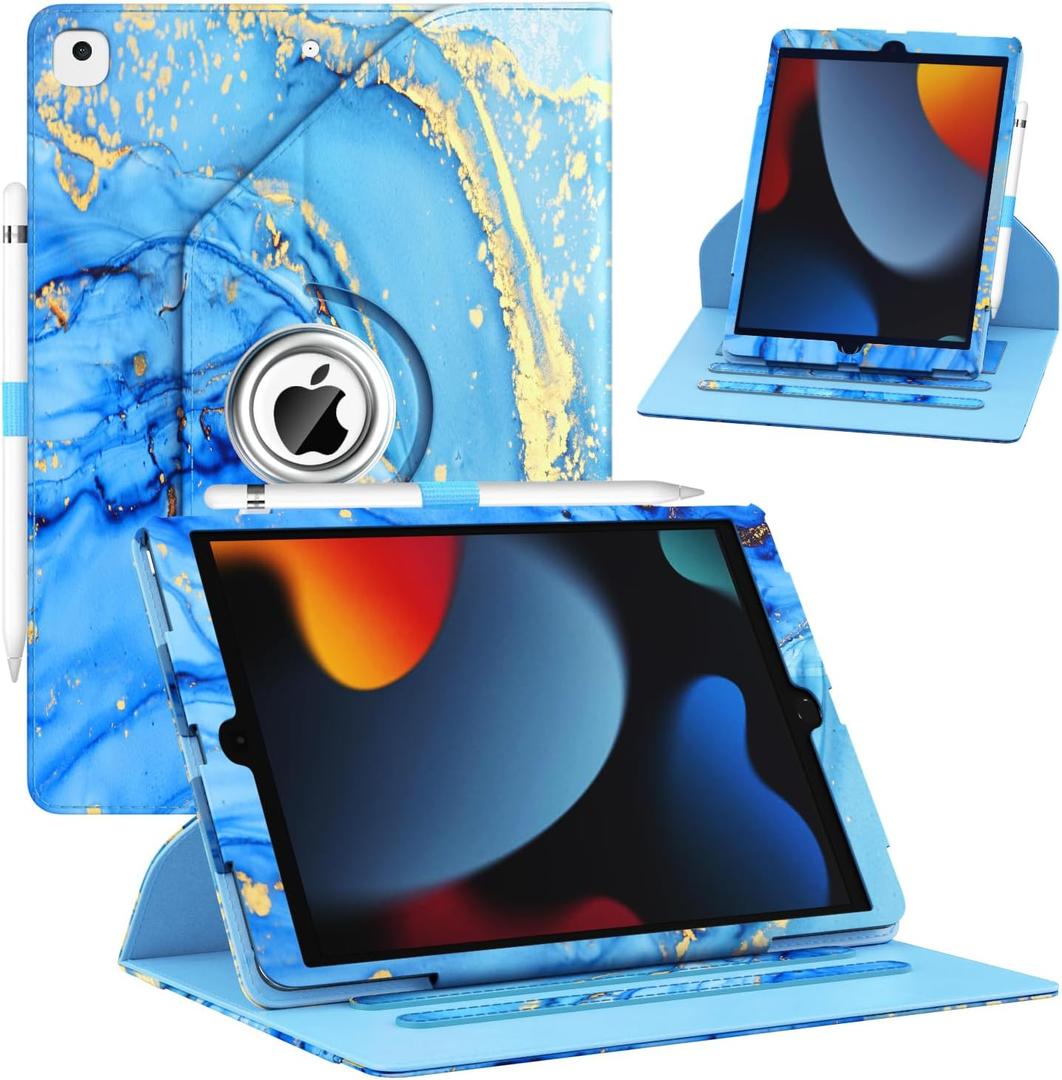 Case for iPad 9th/ 8th/ 7th Generation, iPad 10.2 inch Case 2021/2020/ 2019, 360 Degree Rotating Stand, iPad 9 8 7 Gen 10.2'' Leather Cover with Pocket Design & Pencil Holder, Marble Blue