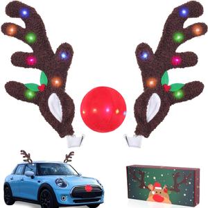 ROSE ME Reindeer Antlers for Cars - Christmas Car Reindeer Antlers & Nose with LED Lights, Light Up Xmas Rudolph Red Nose, Reindeer Car Kit Decorations for Truck, SUV, 3 Lighting Modes