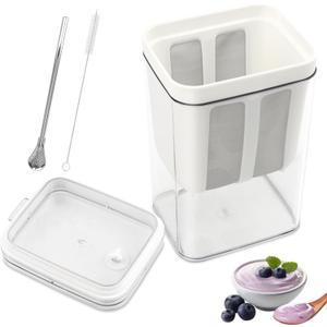 Greek Yogurt Strainer,1100ml Yogurt Strainer Separator,Yoghurt Maker with Fine Mesh Bag & Lid for Thick Greek Yogurt, Soybean Milk,Berries,Soup,Fruit Juice,Coffee(White,Size:10.8 * 9 * 17.6cm)