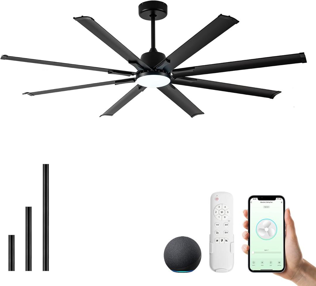 72 Inch Ceiling Fan with Light,Industrial Ceiling Fan with 8 Black Aluminium Blades,Smart Fan Works with Alexa,Garage Outdoor/Indoor Fan for Patio and Living Room