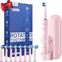 Rtauys Rotating Electric Toothbrush for Adults with 8 Brush Heads (2 Types), 5 Modes Rechargeable Power Toothbrush with Travel Case and 2 Minute Smrte Timer (Pink)
