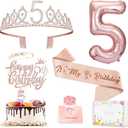5th Birthday Decorations Girl, Including 5 year old Birthday Cake Topper, Queen Sash with Pearl Pin, Sweet Rhinestone Tiara Crown, Number Candles and Balloons Set, Rose Gold