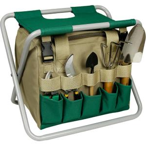 Folding Gardening Stool with Detachable Storage Tote Bag, Multifunctional Gardening Tools Set Organizer for Fishing and Camping,Portable Garden Chair Seat for Adults (Green+Khaki)