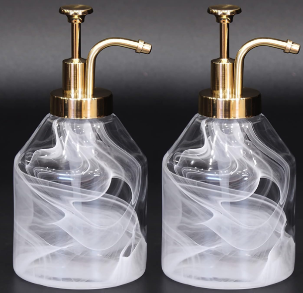 Bathroom Soap Dispenser Set 2pcs Glass Soap Bottle with Smooth Action Rust-Free ABS Pump,Luxury Kitchen Dish Soap Dispenser for Liquid Hand Lotion,Syrup-12.7Oz,Gold