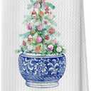 Chinoiserie Christmas Kitchen Towels - Pink Coquette Bow Waffle Decorative Dish Towels, Blue and White Porcelain Chinoiserie Hand Towel, Christmas Kitchen Bathroom Decor, 16x24 Inches (Christmas Tree- 07)