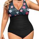 Aqua Eve Women Plus Size One Piece Swimsuits V Neck Tummy Control Bathing Suits Retro Ruched Swimwear. Size 14 Plus