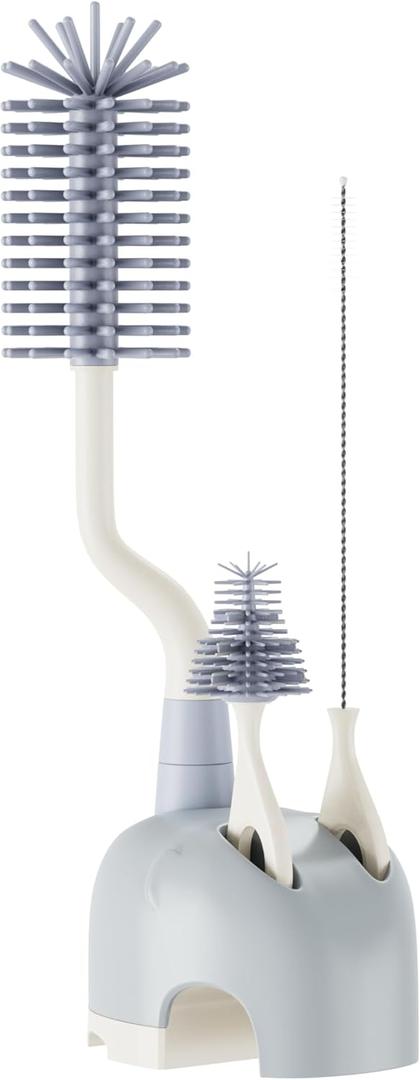 Silicone Bottle Brush Set with Stand, 360 Rotating Bottle Cleaning Brush Cleaner Set, Long Handle 3 in 1 Multipurpose Silicone Baby Bottle Straw Cleaner Brush (Grey)