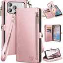 XcaseBar Compatible with iPhone 17 Pro 6.3" Wallet case with Zipper Credit Card HolderRFID Blocking,Flip Folio Book PU Leather Phone case Shockproof Cover Women Men for Apple 17 Pro case Rose Gold
