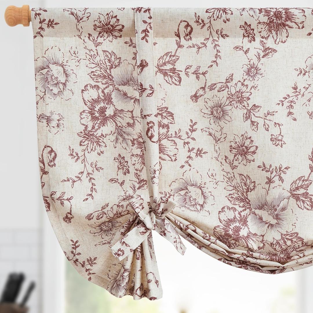 jinchan Tie Up Curtain Double Layer Linen Roman Shades Valance Curtain Floral for Bathroom Window Living Room Cafe Farmhouse Room Darkening Rustic Adjustable 45 Inch 1 Panel Red on Beige
