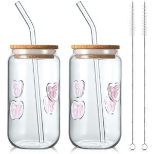 2 Pcs Coquette Pink Bow Glass Cups with Lids and Straws Aesthetic 16 oz Icon Juice Iced Coffee Cups Preppy Cute Bow Stuff Tumbler Mug Drinking Glasses, with Cleaning Brush