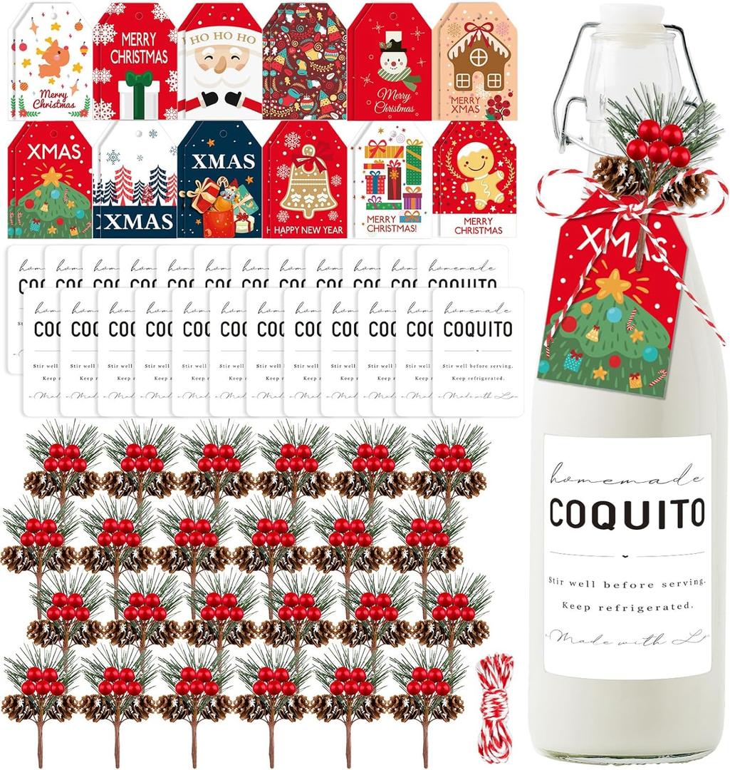 73 Pcs Christmas Coquito Wine Bottle Label Stickers and Pine Branches Include Artificial Pine Branches Stickers Christmas Bottle Tags with Hemp DIY Bottles Decoration for Xmas Holiday Party Supplies